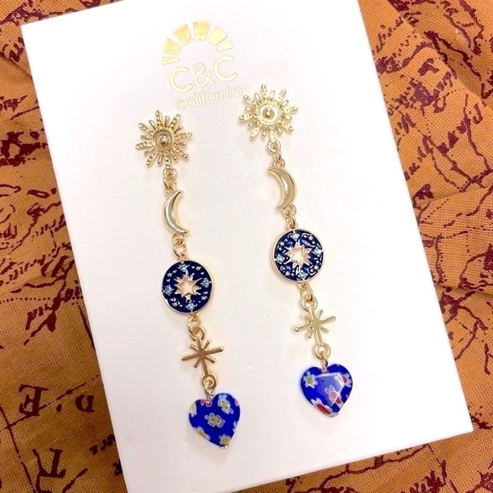 Brand New C&C California Gold Tone Blue Flower Heart Moon Star Drop Earrings